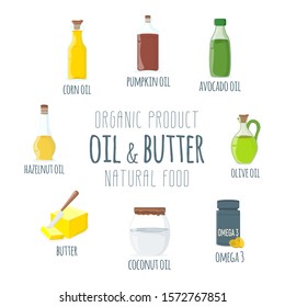 Set of Oil, Fat, Butter Icon. Food label, logo for Web and Banners. Omega 3, Olive, Nut, Avocado, Corn, Pumpkin, Coconut Oil. Cartoon Vector Illustration.