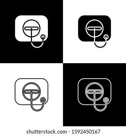 Set Oil filler cap opening at the gas station icon isolated on black and white background.  Vector Illustration