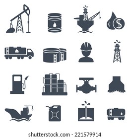 Set of oil and gas grey icons on white background. Petroleum industry vector illustration