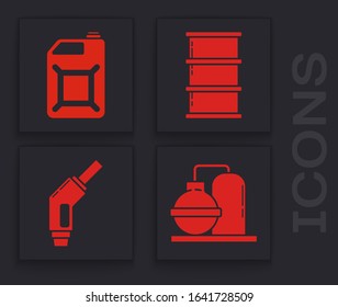 Set Oil and gas industrial factory building, Canister for gasoline, Barrel oil and Gasoline pump nozzle icon. Vector