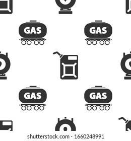 Set Oil and gas industrial factory building, Canister for gasoline and Gas railway cistern on seamless pattern. Vector