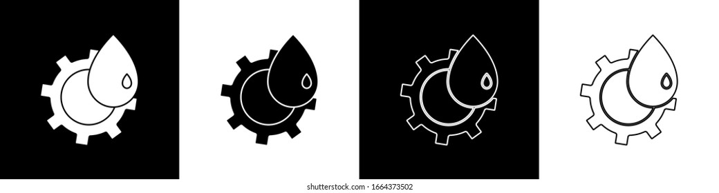 Set Oil and gas industrial factory building icon isolated on black and white background.  Vector Illustration