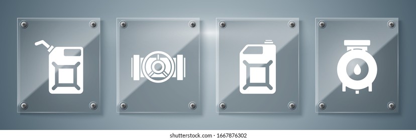 Set Oil and gas industrial factory building, Canister for gasoline, Industry metallic pipes and valve and Canister for gasoline. Square glass panels. Vector