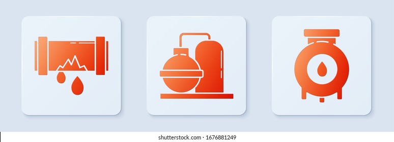 Set Oil and gas industrial factory building, Broken metal pipe with leaking water and Oil and gas industrial factory building. White square button. Vector