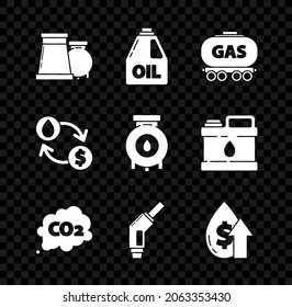 Set Oil and gas industrial factory building, Gas railway cistern, CO2 emissions cloud, Gasoline pump nozzle, price increase, exchange, water transfer, convert and  icon. Vector