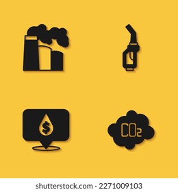 Set Oil and gas industrial factory, CO2 emissions cloud, drop with dollar symbol and Gasoline pump nozzle icon with long shadow. Vector