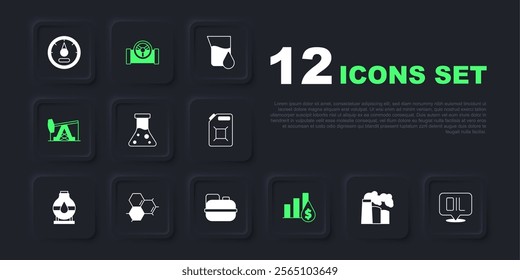 Set Oil and gas industrial factory, Word oil, petrol test tube, Pie chart dollar, pump pump jack, Molecule, pipe with valve and Canister for gasoline icon. Vector