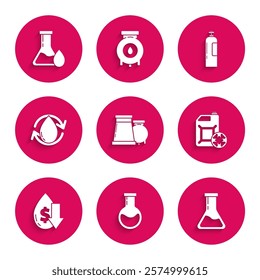 Set Oil and gas industrial factory building, Test tube flask, Antifreeze canister, Drop crude oil price, drop, Industrial cylinder tank and petrol test icon. Vector