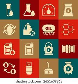 Set Construção de fábrica industrial de óleo e gás, fórmula química composta de anéis de benzeno, medidor de motor, recipiente anticongelante, gota, tubo de teste de gasolina e ícone de cisterna ferroviária. Vetor
