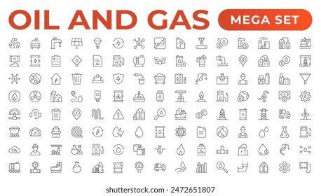 Set of Oil Gas Industry Line Icons. Contains such Icons as Gas Station, Oil Factories, Transportation, and more. line icon set.