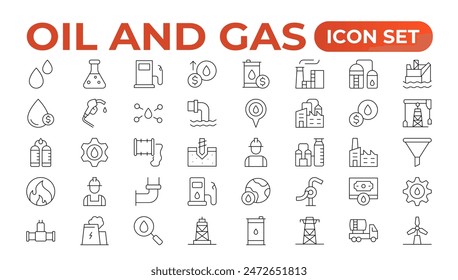 Conjunto de iconos de la línea de la industria del gas. Contiene tales iconos como gasolinera, Transporte y más. conjunto de iconos de línea.