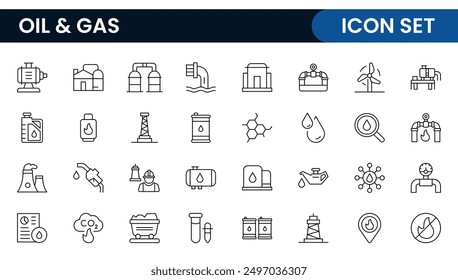 Set of Oil Gas Industry Line Icons. Contains such Icons as Gas Station, Oil Factories, Transportation, and more. line icon set.