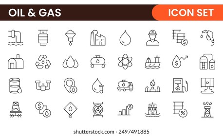 Set of Oil Gas Industry Line Icons. Contains such Icons as Gas Station, Oil Factories, Transportation, and more. line icon set.