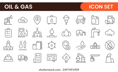 Set of Oil Gas Industry Line Icons. Contains such Icons as Gas Station, Oil Factories, Transportation, and more. line icon set.