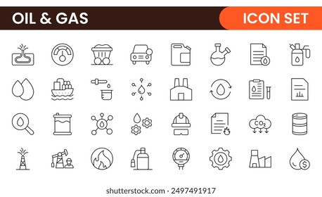 Set of Oil Gas Industry Line Icons. Contains such Icons as Gas Station, Oil Factories, Transportation, and more. line icon set.