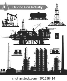 Set of oil and gas industry silhouettes. Oil refinery, offshore sea oil drilling rig, land oil drilling rig, oil pumpjack, barrel and railroad oil tank. Vector illustration.