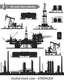 Set of oil and gas industry silhouettes. Oil refinery, offshore sea and land drilling rigs, pumpjacks and railroad tanks. Vector illustration.
