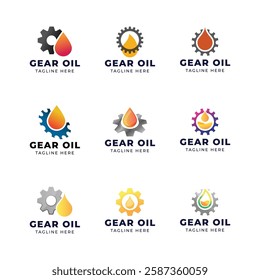 Set of Oil and gear icon logo design. Oil drop with cog wheel icon logo design.
