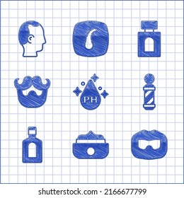 Set Oil for hair care treatment, Gel wax styling, Mustache and beard, Classic Barber shop pole, Bottle of shampoo, Aftershave and Baldness icon. Vector
