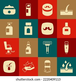 Set Oil for hair care treatment, Hair clipper, Aftershave, Gel wax styling, Bottle of shampoo,  and Barbershop icon. Vector