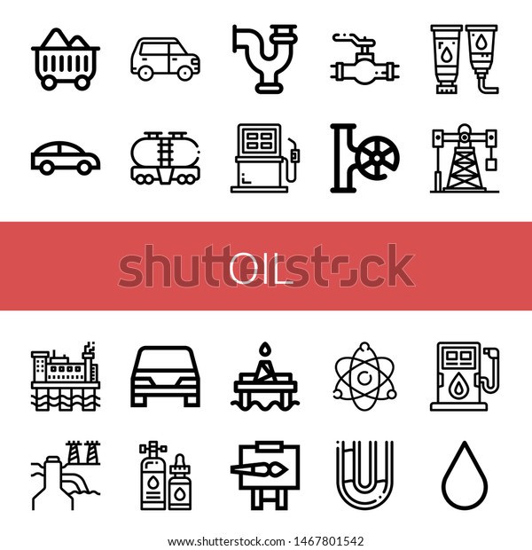 Set of oil icons such as Coal, Car,\
Tank, Pipe, Fuel, Valve, Paint tube, Oil rig, Power plant,\
Lubricant, Oil platform, Easel, Atomic energy, Blood drop\
,