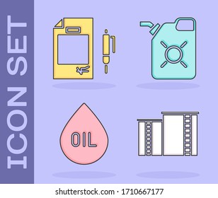 Set Oil industrial factory building, Contract money and pen, Oil drop and Canister for motor oil icon. Vector