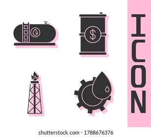 Set Oil industrial factory building, Oil industrial factory building, Oil rig with fire and Barrel oil with dollar icon. Vector