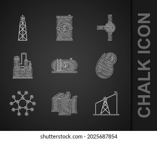 Set Oil industrial factory building, pump pump jack, Bio fuel, Molecule oil, Industry pipes and valve and rig with fire icon. Vector