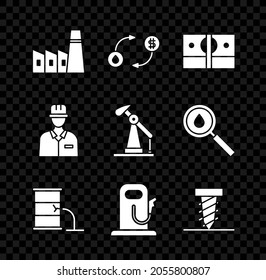 Set Oil industrial factory building, exchange, Stacks paper money cash, Barrel oil leak, Petrol gas station, Rotating drill digging hole, Oilman and pump pump jack icon. Vector