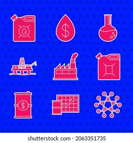 Set Oil industrial factory building, price increase, Molecule oil, Canister for gasoline, Barrel with dollar, platform the sea, petrol test tube and motor machine icon. Vector