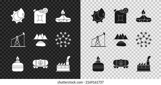 Set Oil industrial factory building, Eco fuel canister, Alcohol spirit burner, railway cistern, pump pump jack and Oilfield icon. Vector