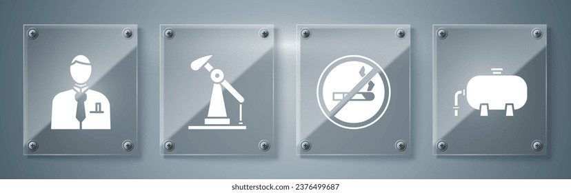 Set Oil industrial factory building, No Smoking, Oil pump or pump jack and Businessman or stock market trader. Square glass panels. Vector