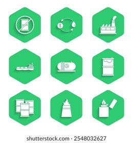 Set Oil industrial factory building, rig with fire, Lighter, Barrel oil leak, tanker ship,  and No barrel for gasoline icon. Vector