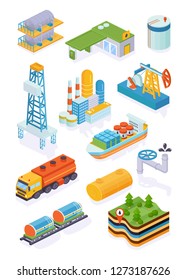 Set oil industry. Building of gas station, drilling oil rig, warehouses, platform depot petroleum products. Transportation trucks tanker. Landscape, extraction deposits of minerals. Isometric vector.