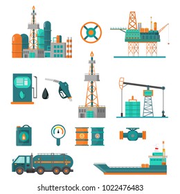 Set of oil industry extraction production and transportation oil and petrol, rig and barrels on flat cartoon icons. Isolated vector illustration.