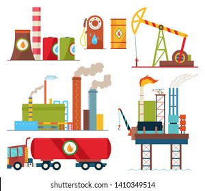 Set of oil industry extraction production and transportation oil and petrol, rig and barrels on flat cartoon icons. Isolated vector illustration.