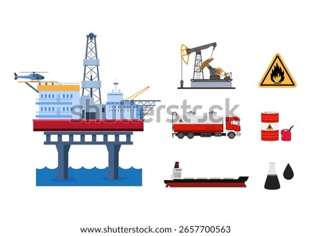 Set of oil industry extraction production and transportation oil and petrol, rig and barrels on flat cartoon icons. Isolated vector illustration.