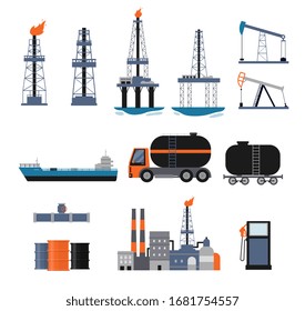 Set of oil industry facilities and machinery, flat cartoon vector illustration isolated on white background. Fuel production and oil refining icons collection.