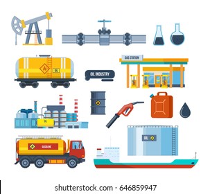 Ausstattung der Ölindustrie: eine Ölfabrik, Ausrüstung für die Ölproduktion und -transporte, Lagerung, Bohranlage, Tankwagen, Plattformfabrik und Benzintransport. Vektorgrafik