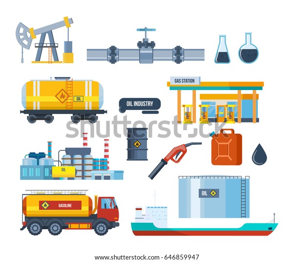 Set of oil industry facilities: an oil\
plant, equipment for oil production and transportation, storage,\
drilling rig, tanker truck, platform factory and transportation of\
gasoline. Vector\
illustration
