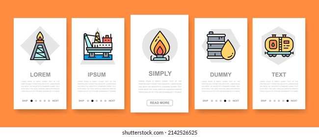 Set of Oil industry mobile app screens. Fuel Truck, Engineer, Gasoline, Cargo Ship vertical banners with color thin line icons.