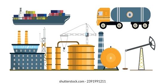 Set of oil industry objects in cartoon style. Vector illustration of oil refinery elements: oil tanker, truck, plant with tanks and lifting crane, oil pump isolated on white background.