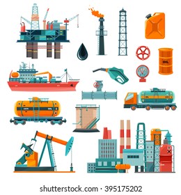 Set Of Oil Industry Production Transportation Extracting Cartoon Icons Vector Illustration