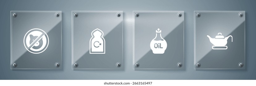 Set Oil lamp, Essential oil bottle, Muslim Mosque and No pig. Square glass panels. Vector