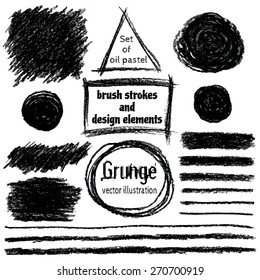Set of oil pastel brush strokes and design elements. Grunge vector illustration.Black pastel crayons and pencil strokes. Isolated on white background. Abstract design elements, drops.