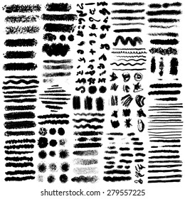 Set of oil pastel brush strokes and design elements. Grunge vector illustration.