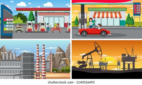 Set of oil petrol and gas relevant scene illustration