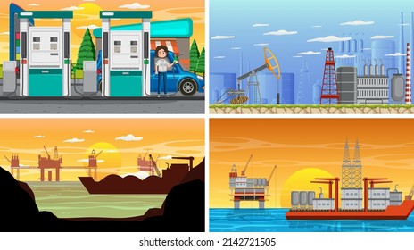 Set of oil petrol and gas relevant scene illustration