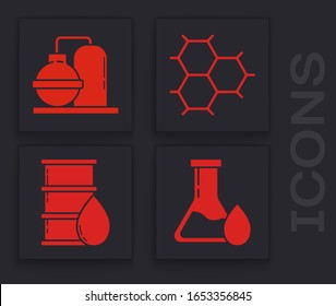 Set Oil petrol test tube, Oil and gas industrial factory building, Chemical formula consisting of benzene rings and Barrel oil icon. Vector