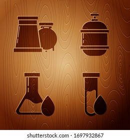 Set Oil petrol test tube, Oil and gas industrial factory building, Oil petrol test tube and Propane gas tank on wooden background. Vector